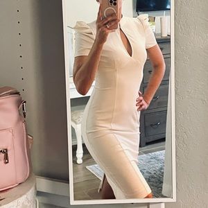 Bebe off white puffed sleeve keyhole bodycon midi dress size S